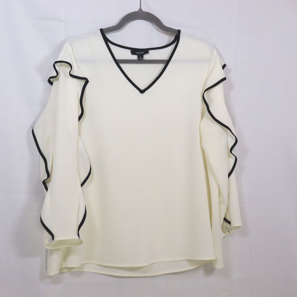 Alfani Ruffle Sleeve Blouse PXL White Womens V-Neck Contrast Trim Top‎